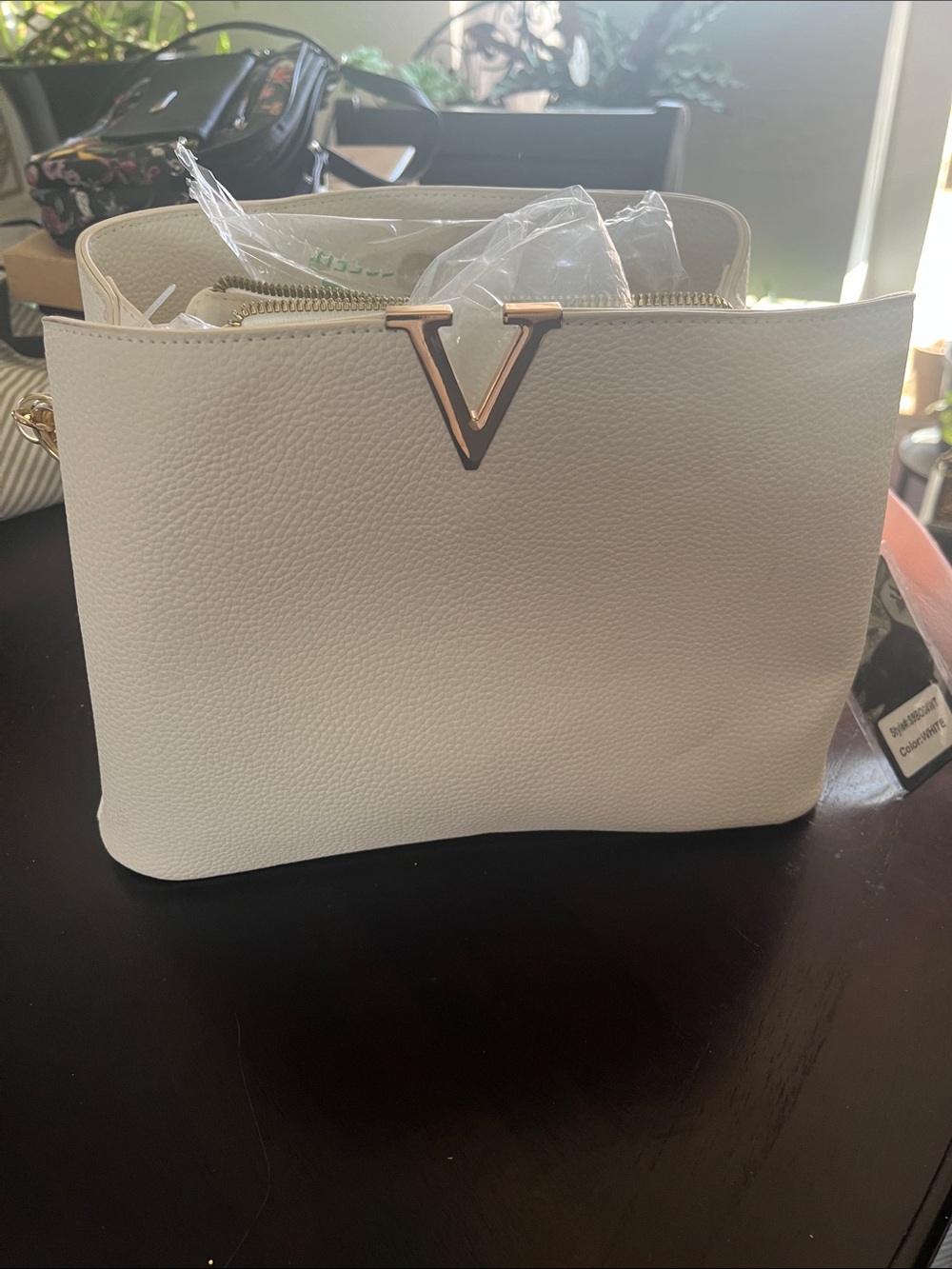 Structured White Shoulder Bag with Gold V Accent